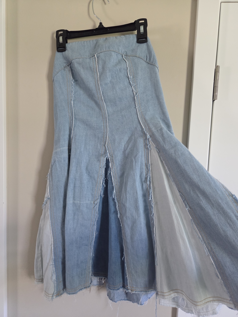 Pilcro Anthropologie Patchwork Denim Maxi Dress XS Blue Frayed Boho Festive